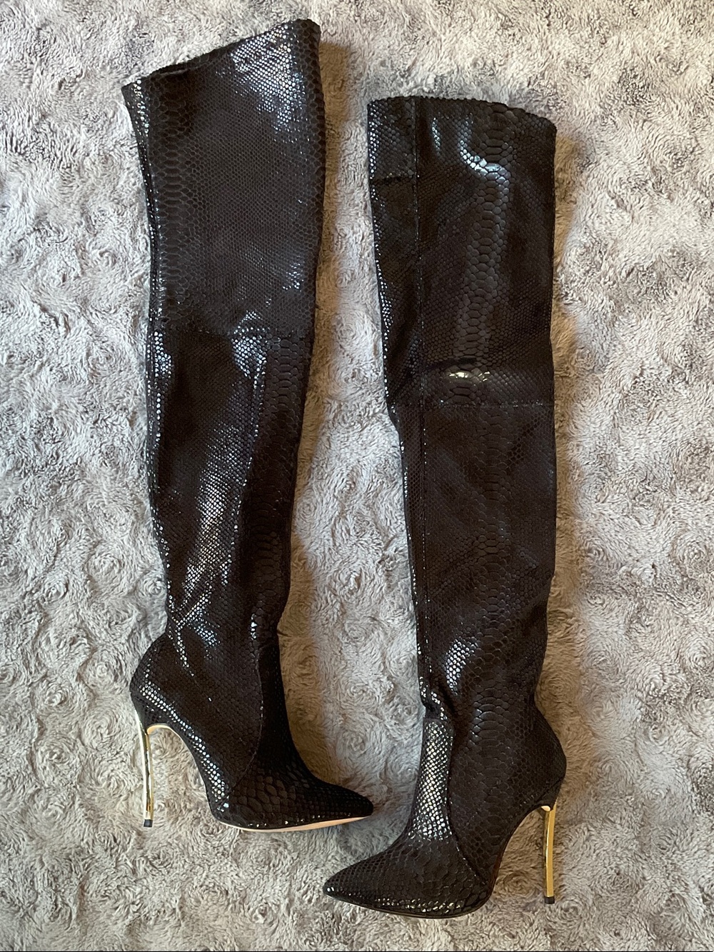 Black Over-the-Knee Snake skin style Stiletto Boots with Gold Heel